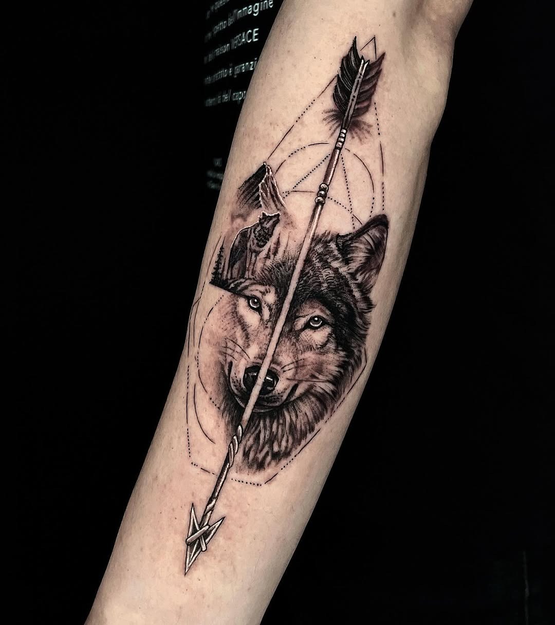 Intricate wolf tattoo combined with an arrow Tattoo Design