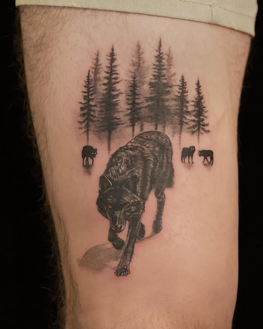 Majestic wolf tattoo with forest backdrop Tattoo Design