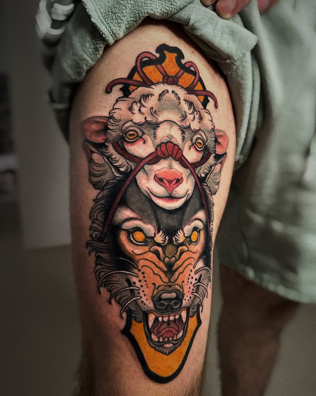 Powerful wolf and sheep contrasting tattoo design Tattoo Design