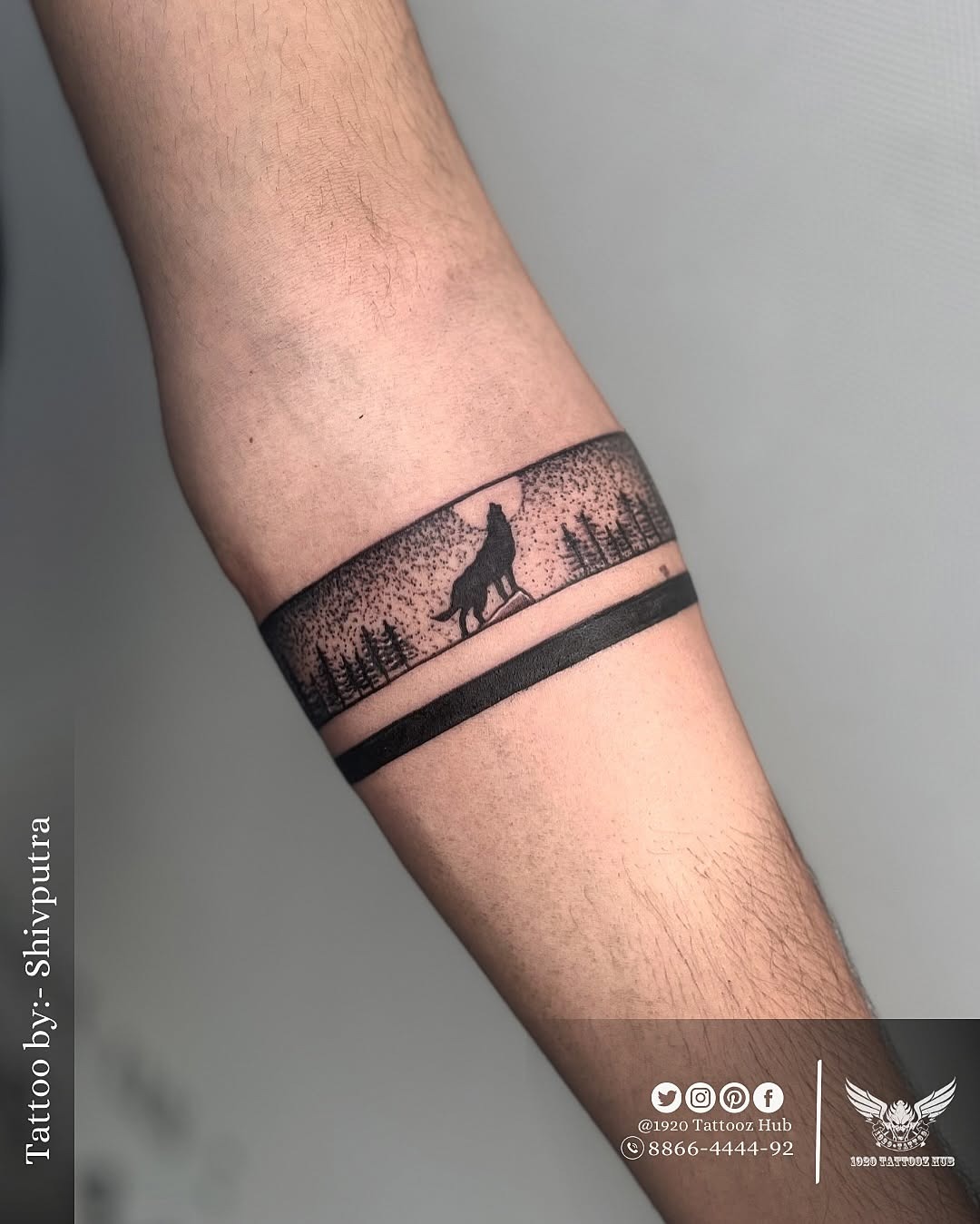 Striking wolf silhouette amidst scenic forest backdrop Tattoo Design