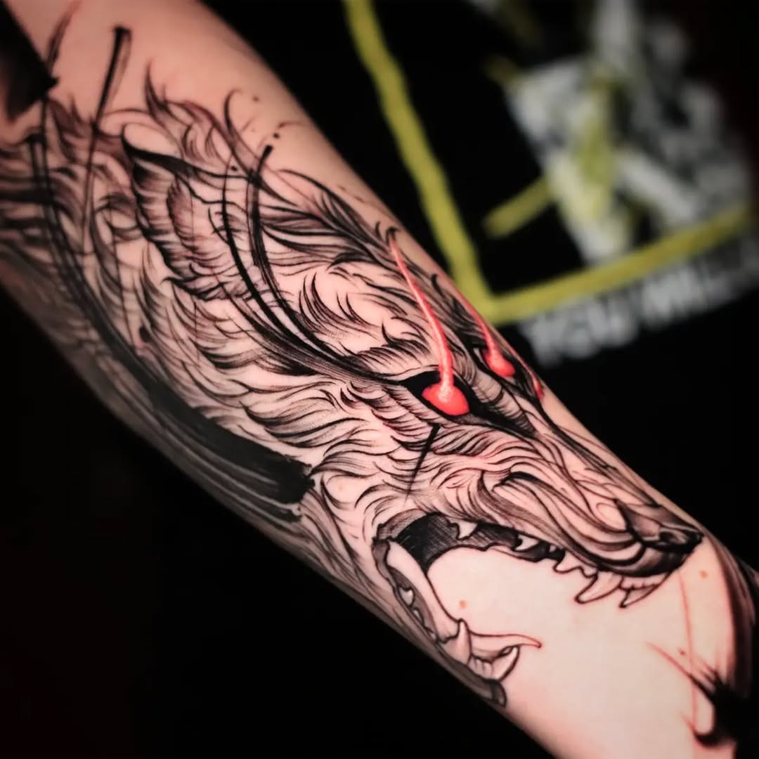 Stunning Wolf Tattoo with Fiery Details Tattoo Design