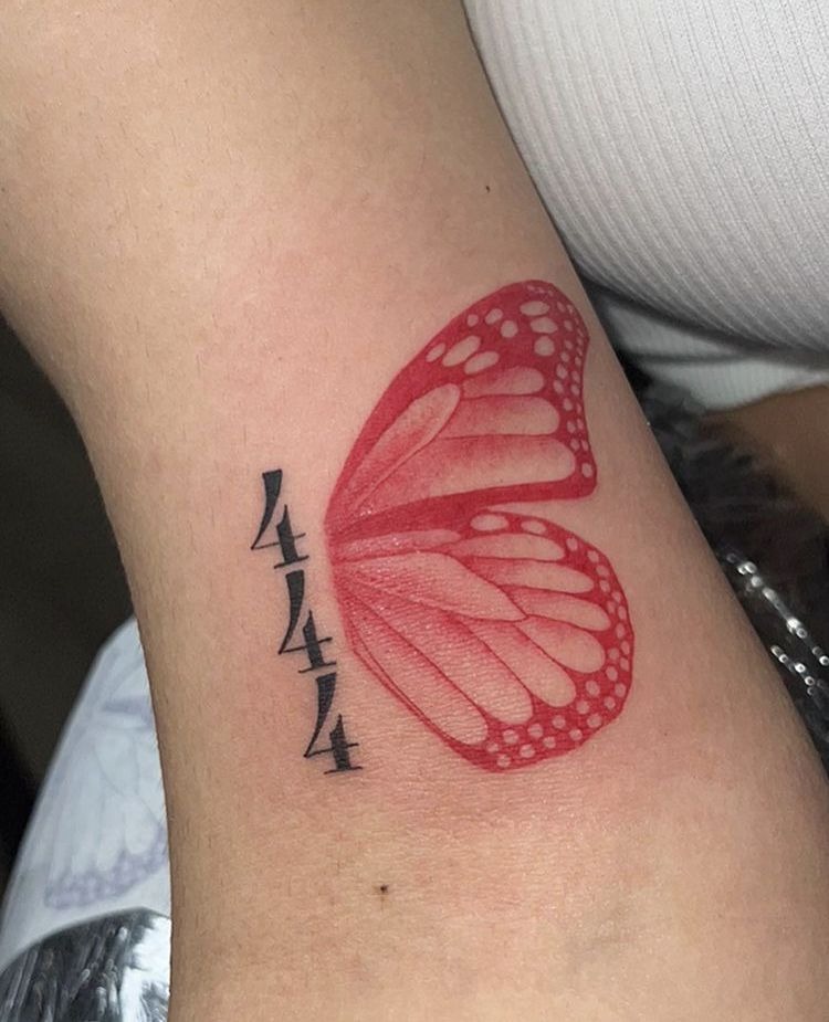 444 with red butterfly wing Tattoo Design