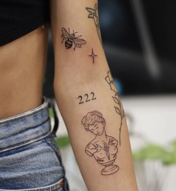 Fine line 222 forearm tattoo with symbolic add-ons Tattoo Design