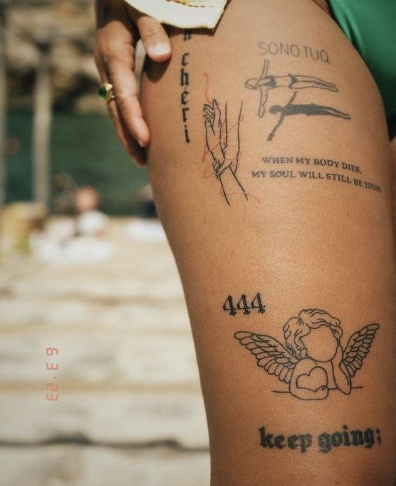 Thigh angel 444 with cherub Tattoo Design