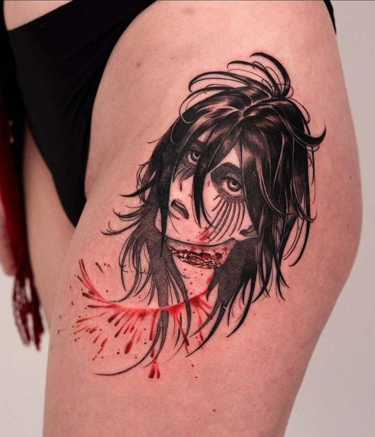 Dramatic Severed Portrait Thigh Tattoo Tattoo Design