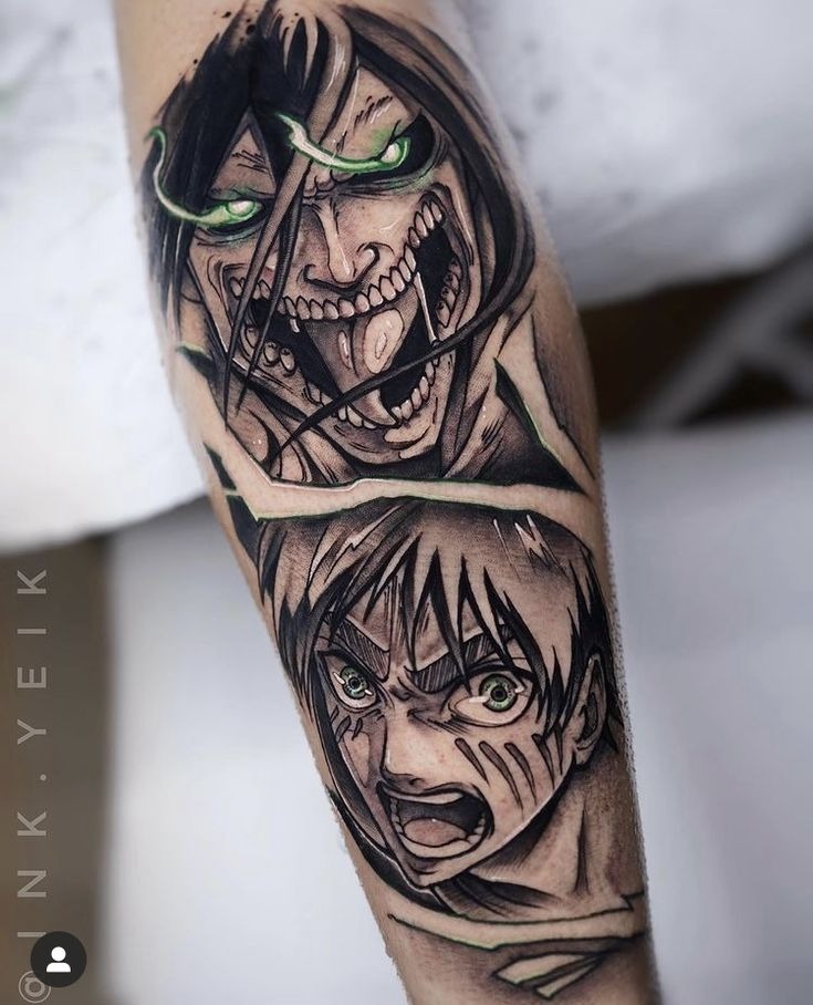 Dual Eren and Titan Green-Eyed Leg Tattoo Tattoo Design