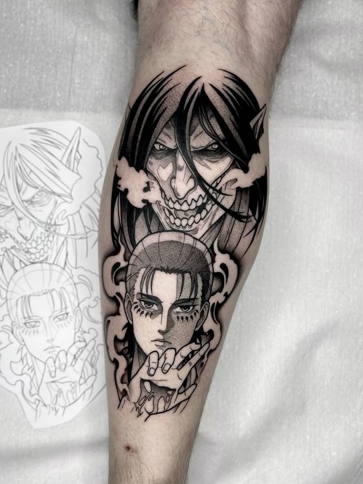 Eren and Titan Dual Panel Calf Tattoo Tattoo Design