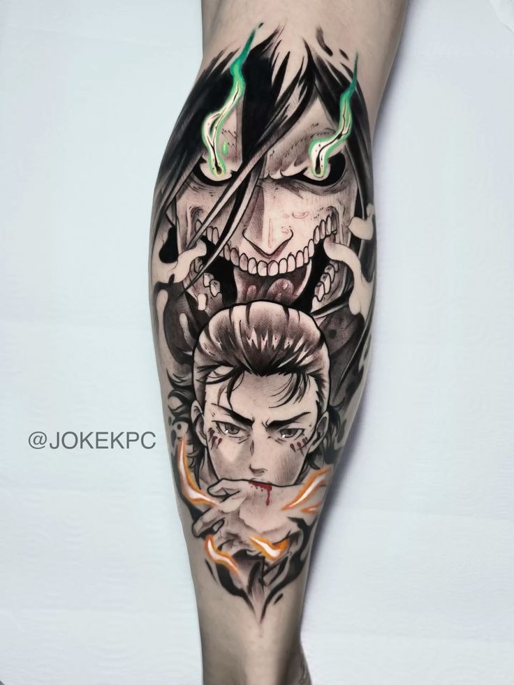 Eren and Titan Duality Leg Piece Tattoo Design