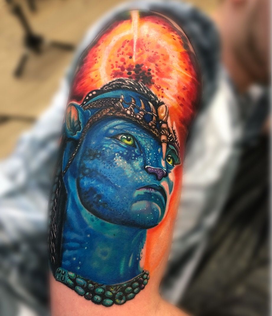 Cosmic Na'vi Gaze With Fiery Sky Tattoo Design