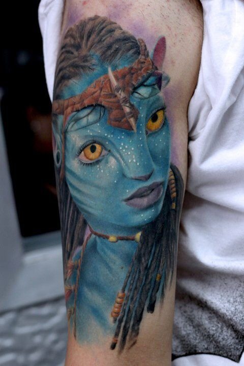 Gentle Neytiri-Inspired Inner Arm Portrait Tattoo Design