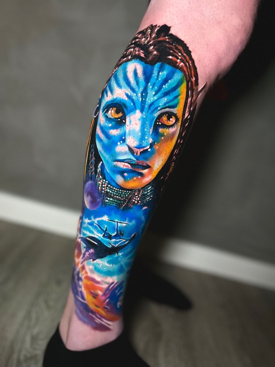 Na'vi Leg Sleeve With Ocean and Skies Tattoo Design