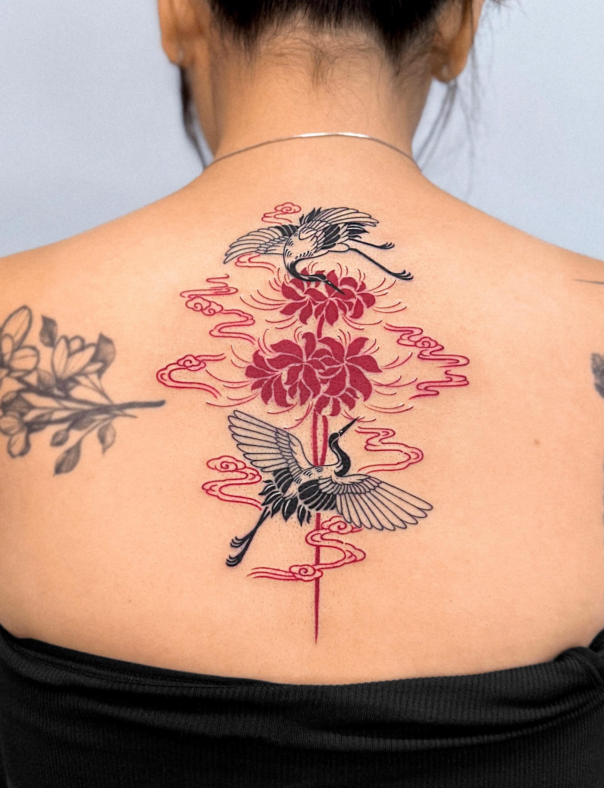 Cranes and Red Spider Lily Back Tattoo Tattoo Design