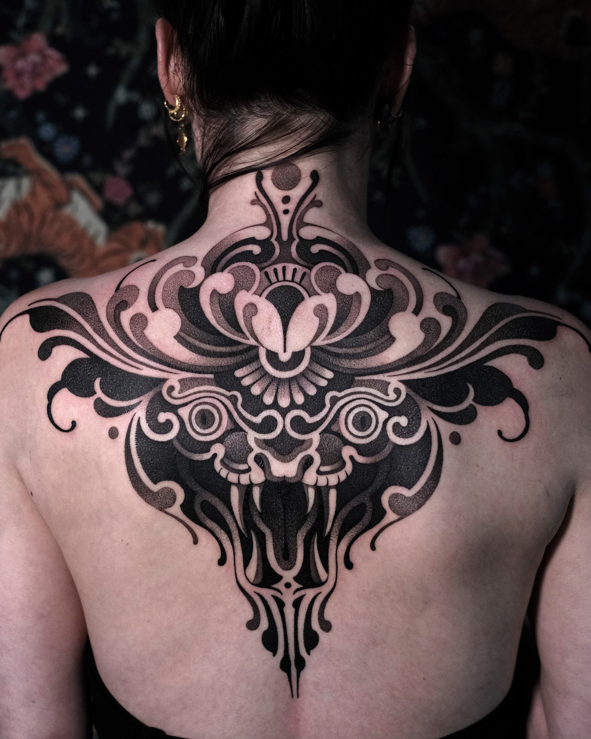 Ornamental Beast Mask Back Tattoo Tattoo Design