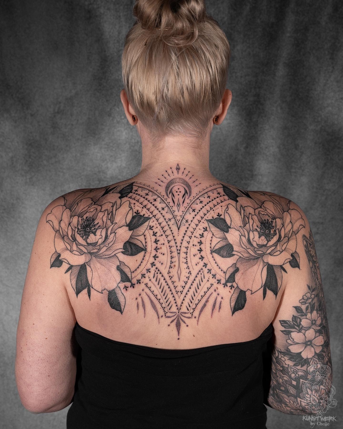 Peony and Ornamental Upper Back Tattoo Tattoo Design