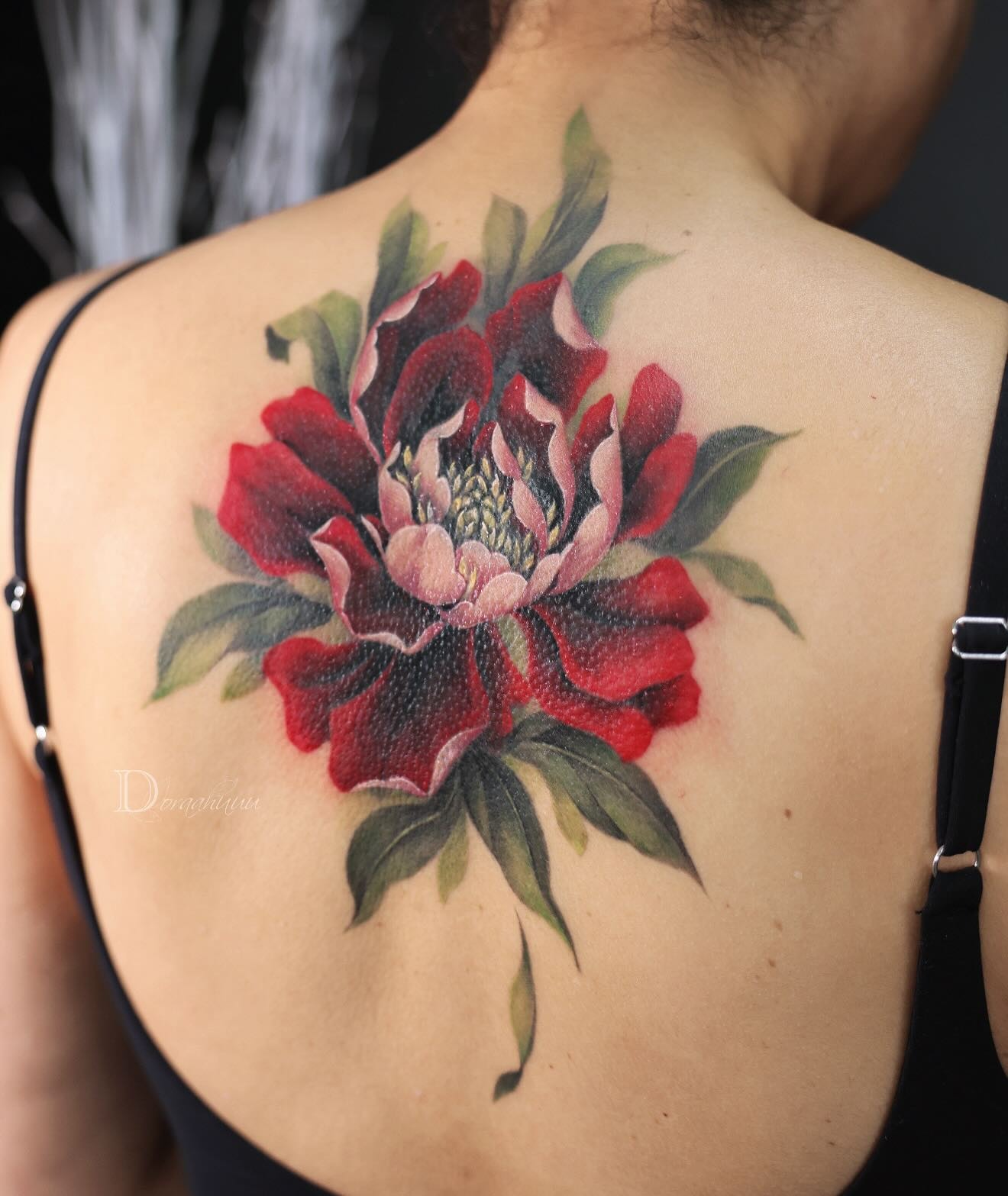 Realistic Red Peony Back Tattoo Tattoo Design