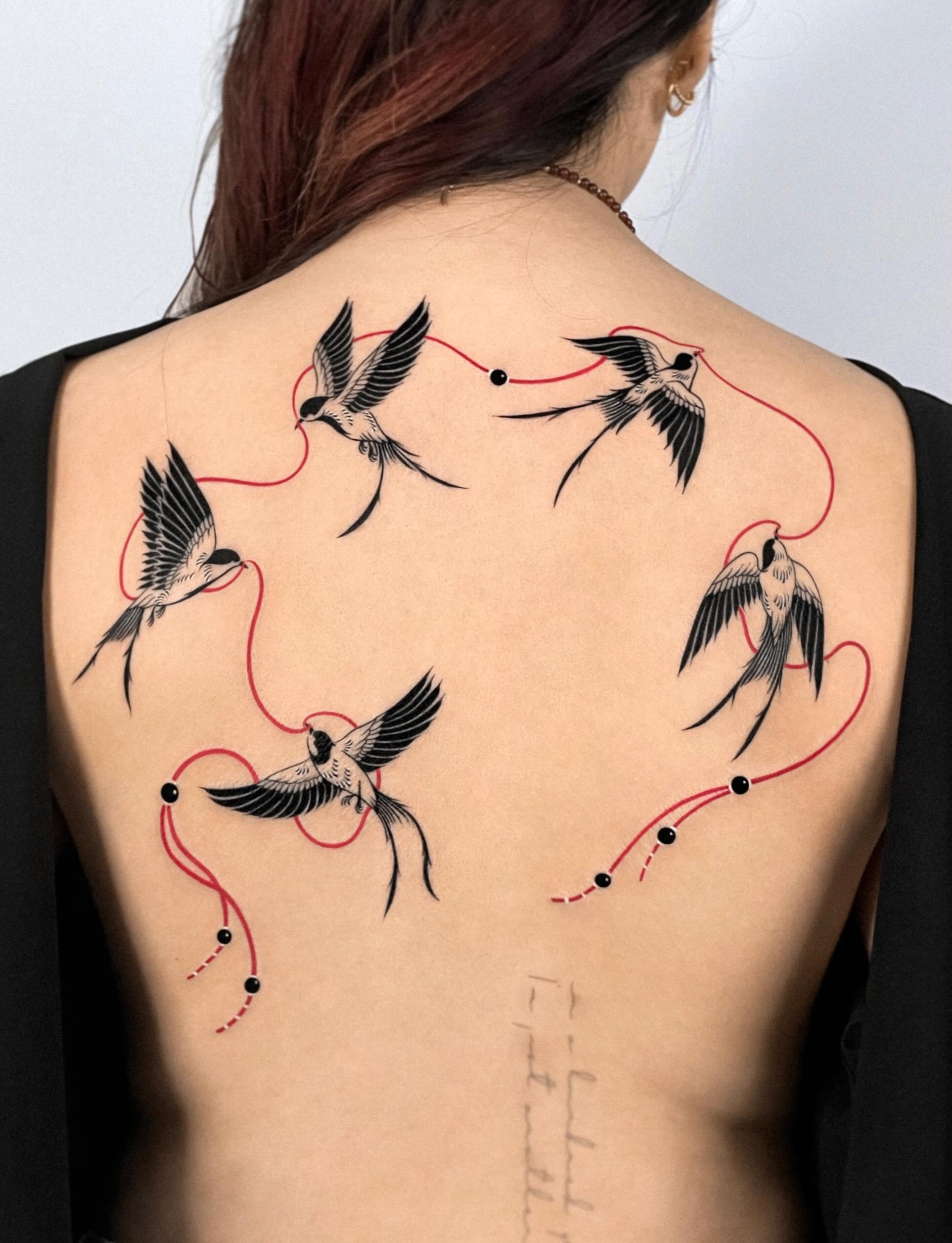 Swallows With Red Thread Back Tattoo Tattoo Design