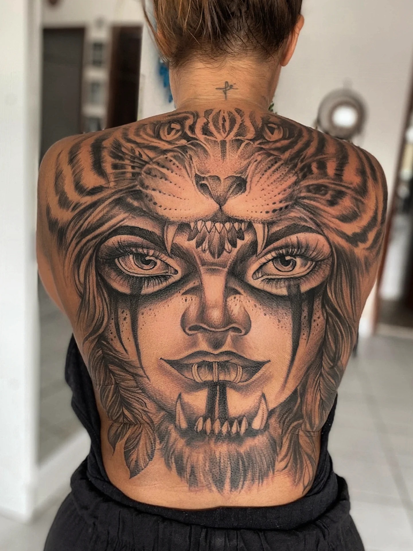 Tiger Headdress Woman Back Tattoo Tattoo Design