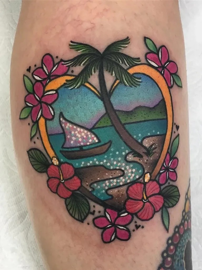 A Heart-Shaped Tropical Haven Tattoo Design