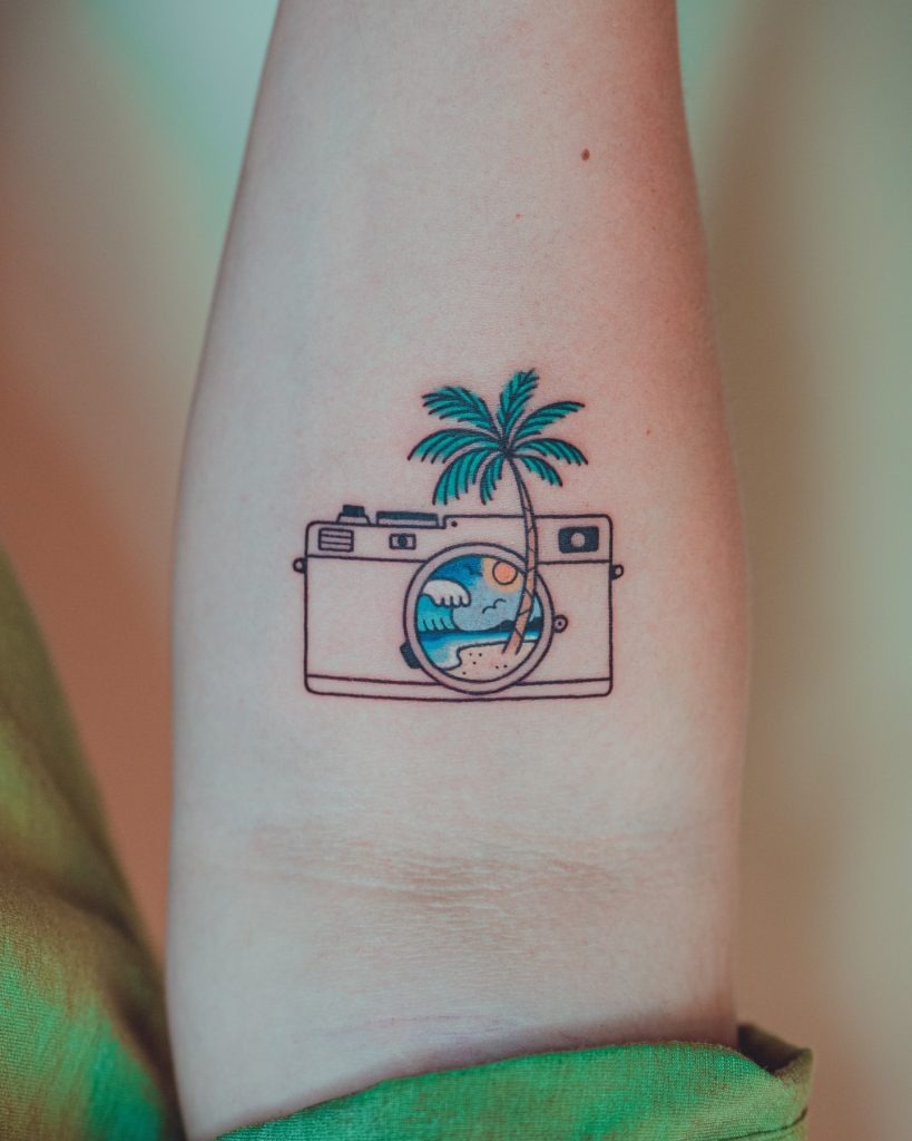 Camera with a Palm Tree Reflection Tattoo Design