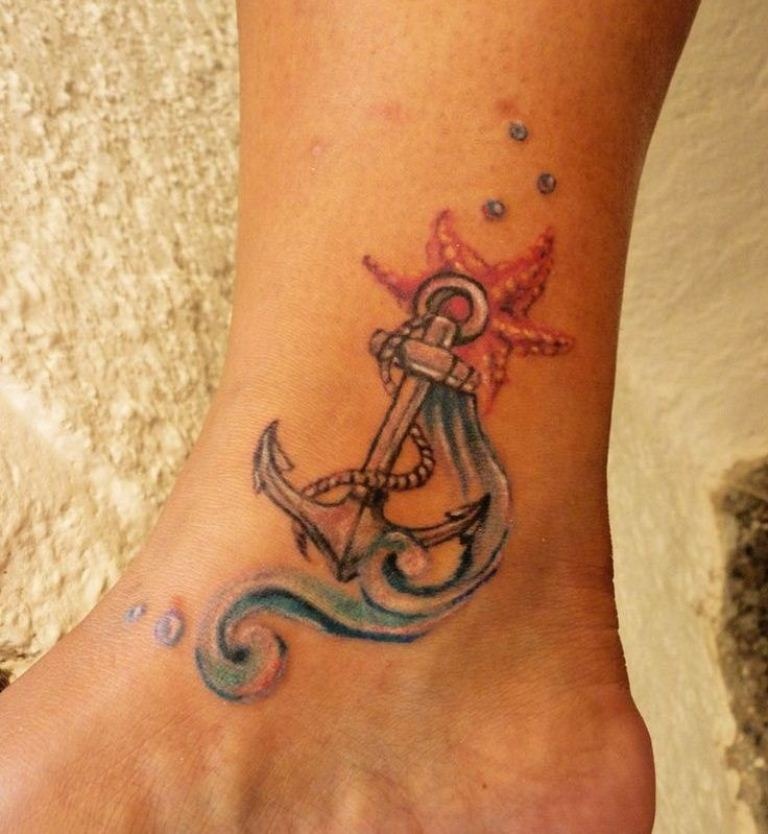 Nautical Anchor with Waves Tattoo Design