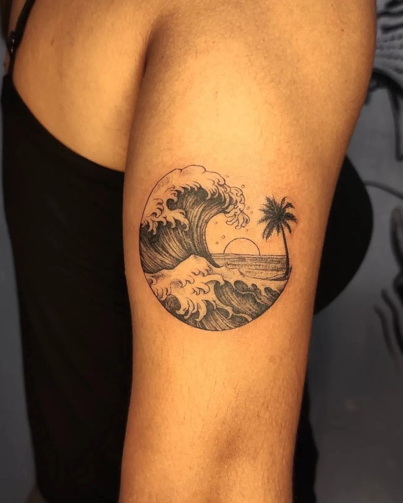 Surging Wave and Palm Tree in a Circle Tattoo Design