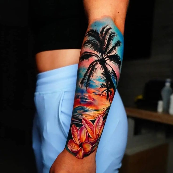 Tall Palm Tree on the Leg Tattoo Design