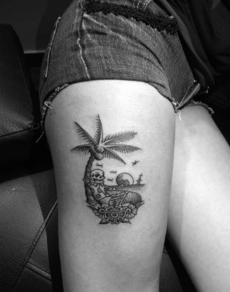 Vibrant Sunset and Palm Trees Sleeve Tattoo Design