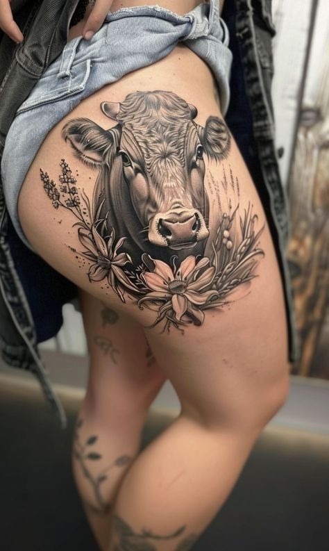 Cow and Florals Realism Tattoo Tattoo Design