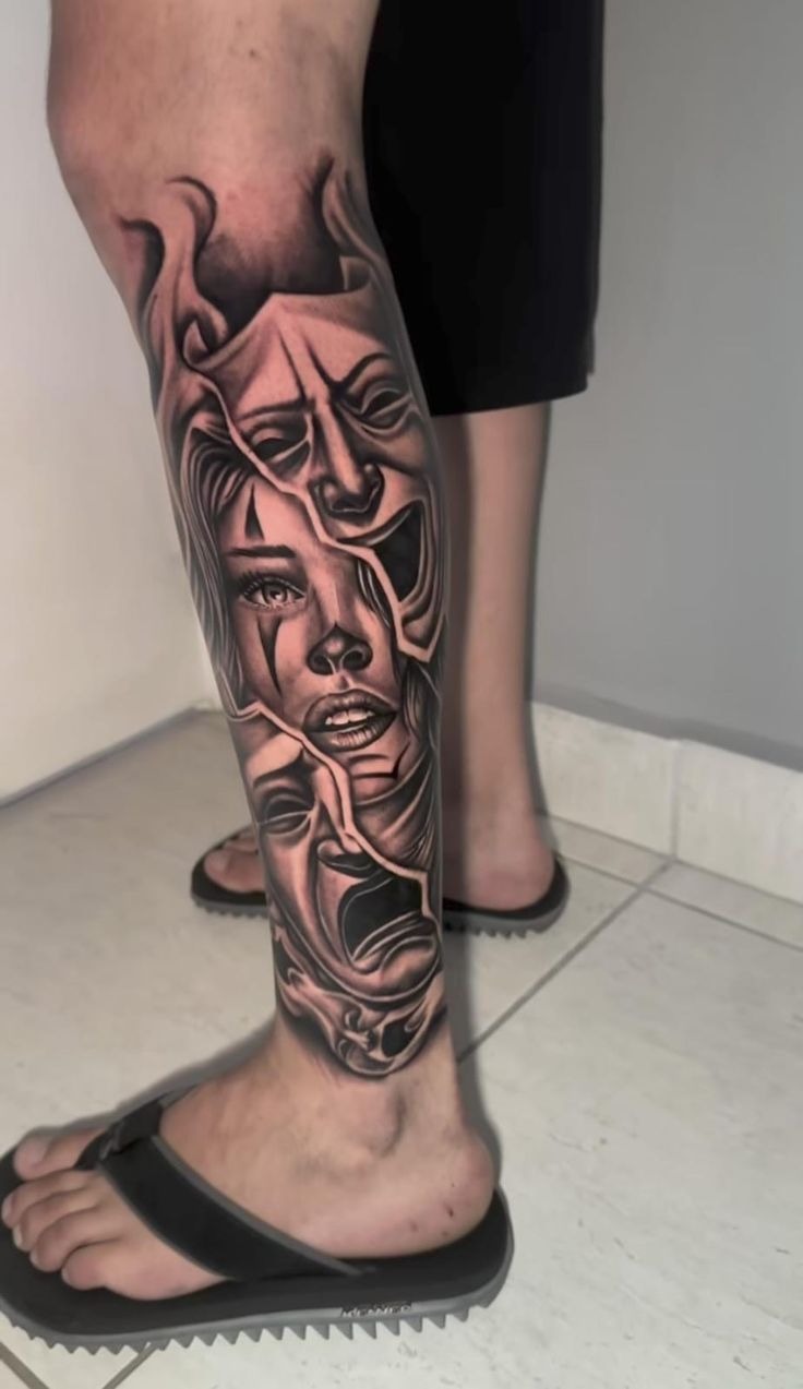 Drama Mask Surrealism Sleeve Tattoo Design