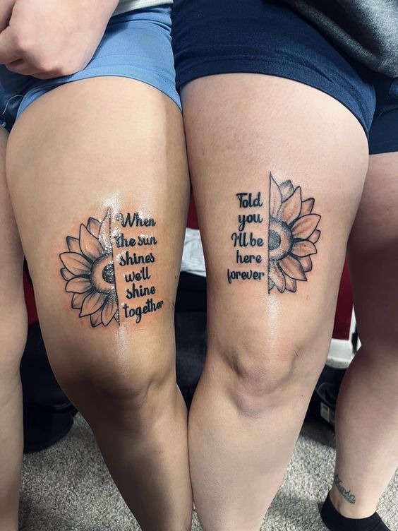 Matching Sunflower Thigh Tattoos with Quotes Tattoo Design