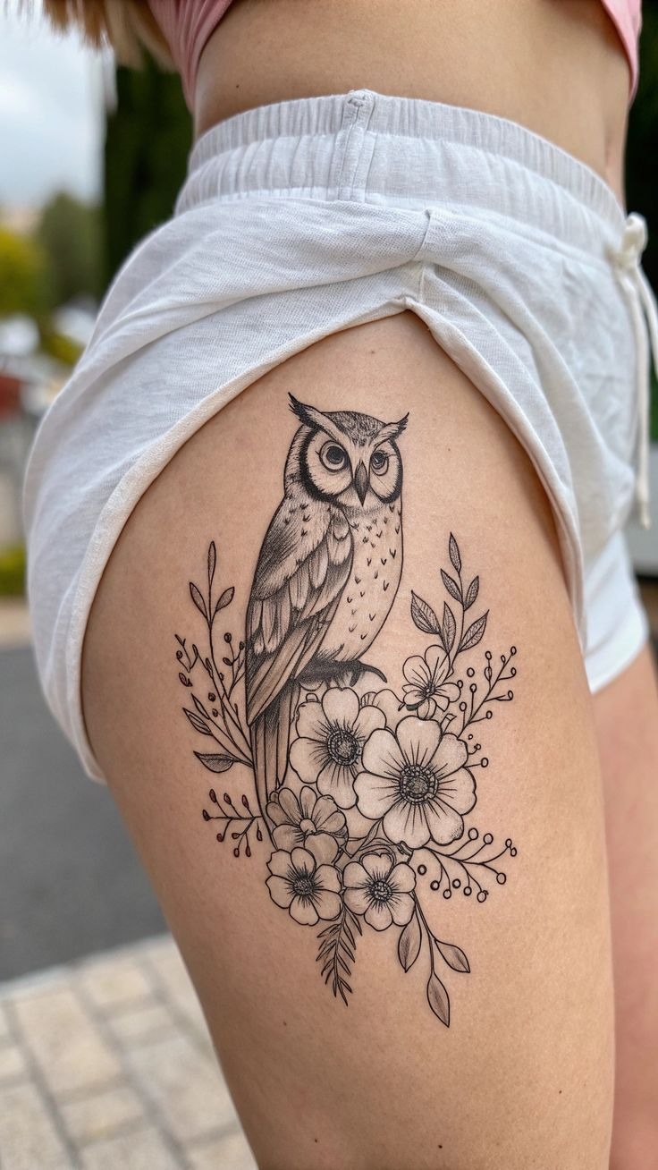 Owl Among Wildflowers Tattoo Design