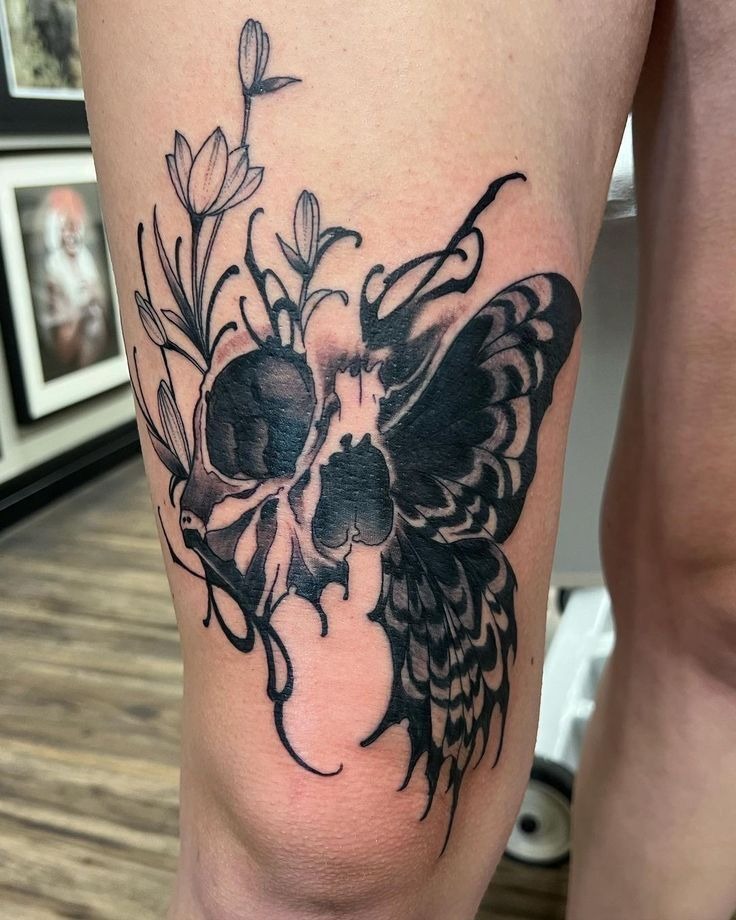 Skull Butterfly and Botanicals Tattoo Design