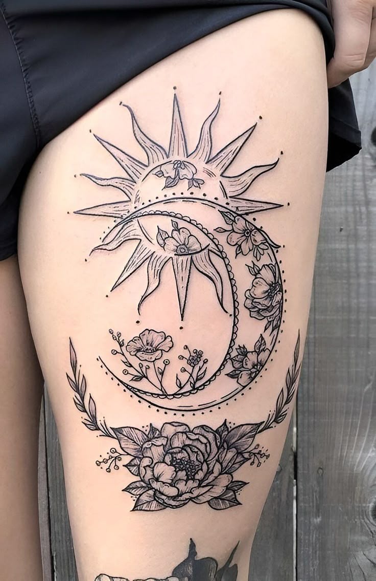 Sun and Moon Floral Fusion Tattoo Design