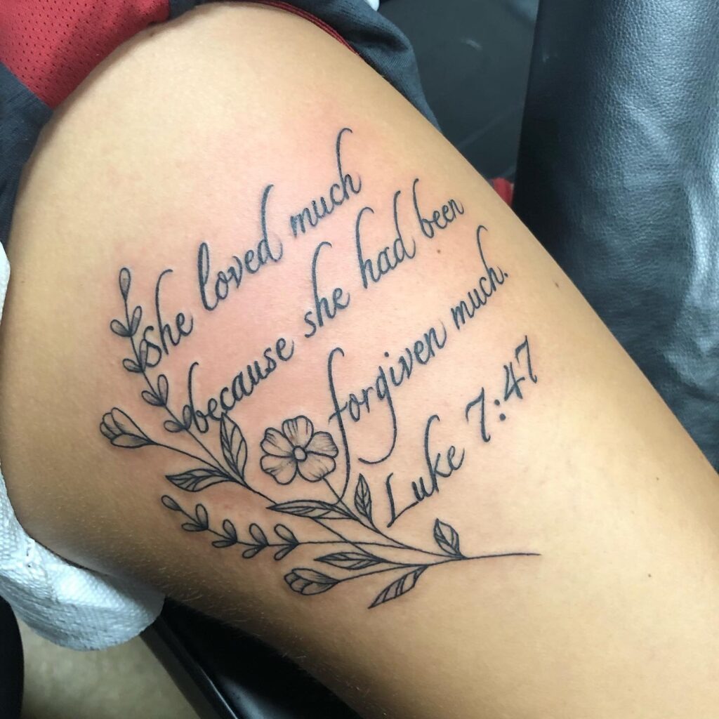 Luke 7:47 Floral Thigh Tattoo Tattoo Design
