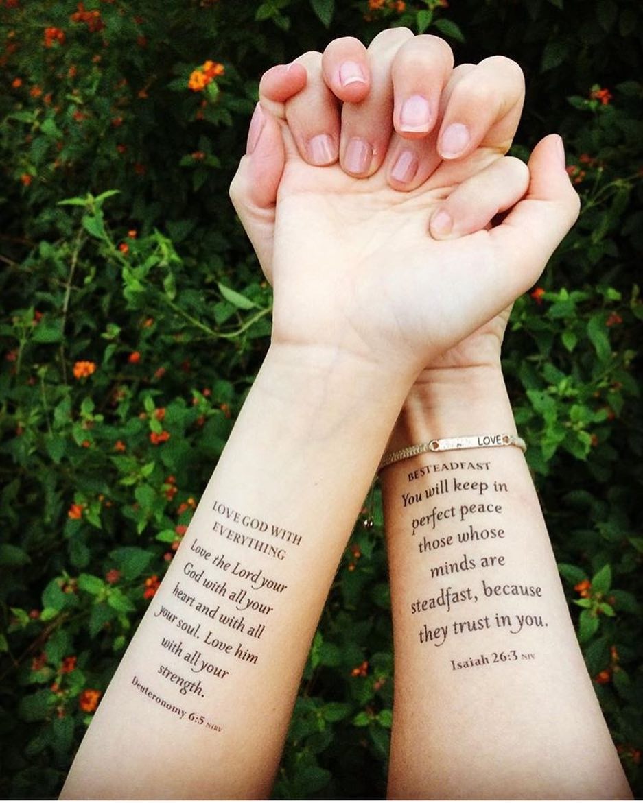 Matching Bible Verse Tattoos: Deuteronomy 6:5 and Isaiah 26:3 Tattoo Design