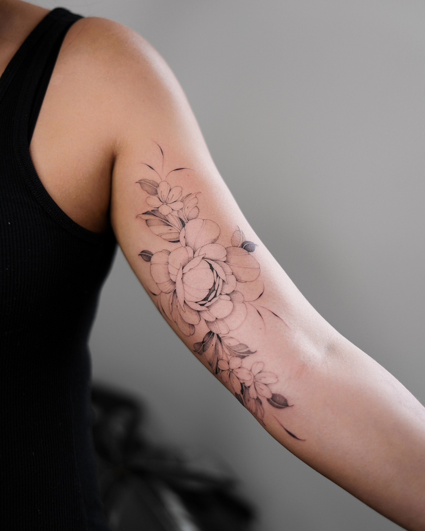 Ornamental Peony Floral Bicep Tattoo Tattoo Design