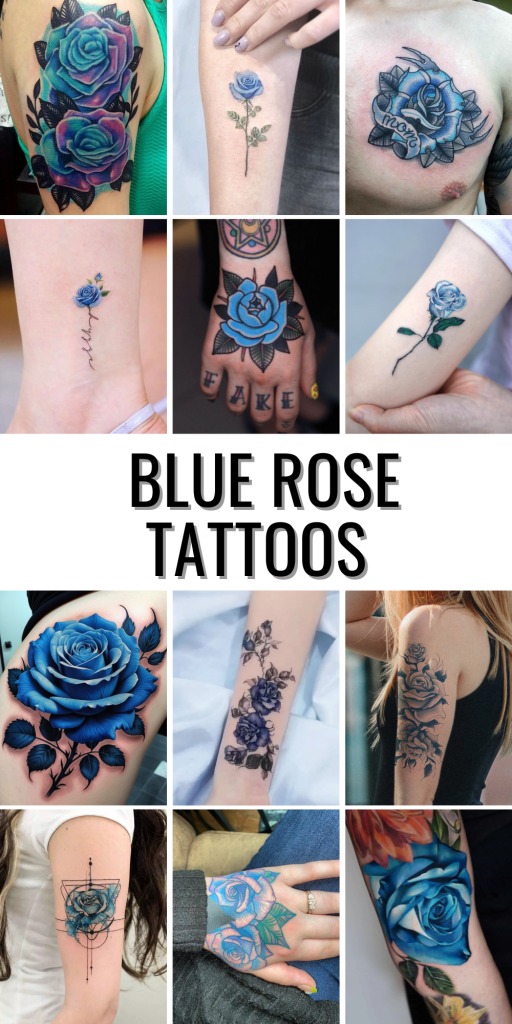 This hand tattoo features a vivid blue rose surrounded by lush green leaves, creating a captivating design.