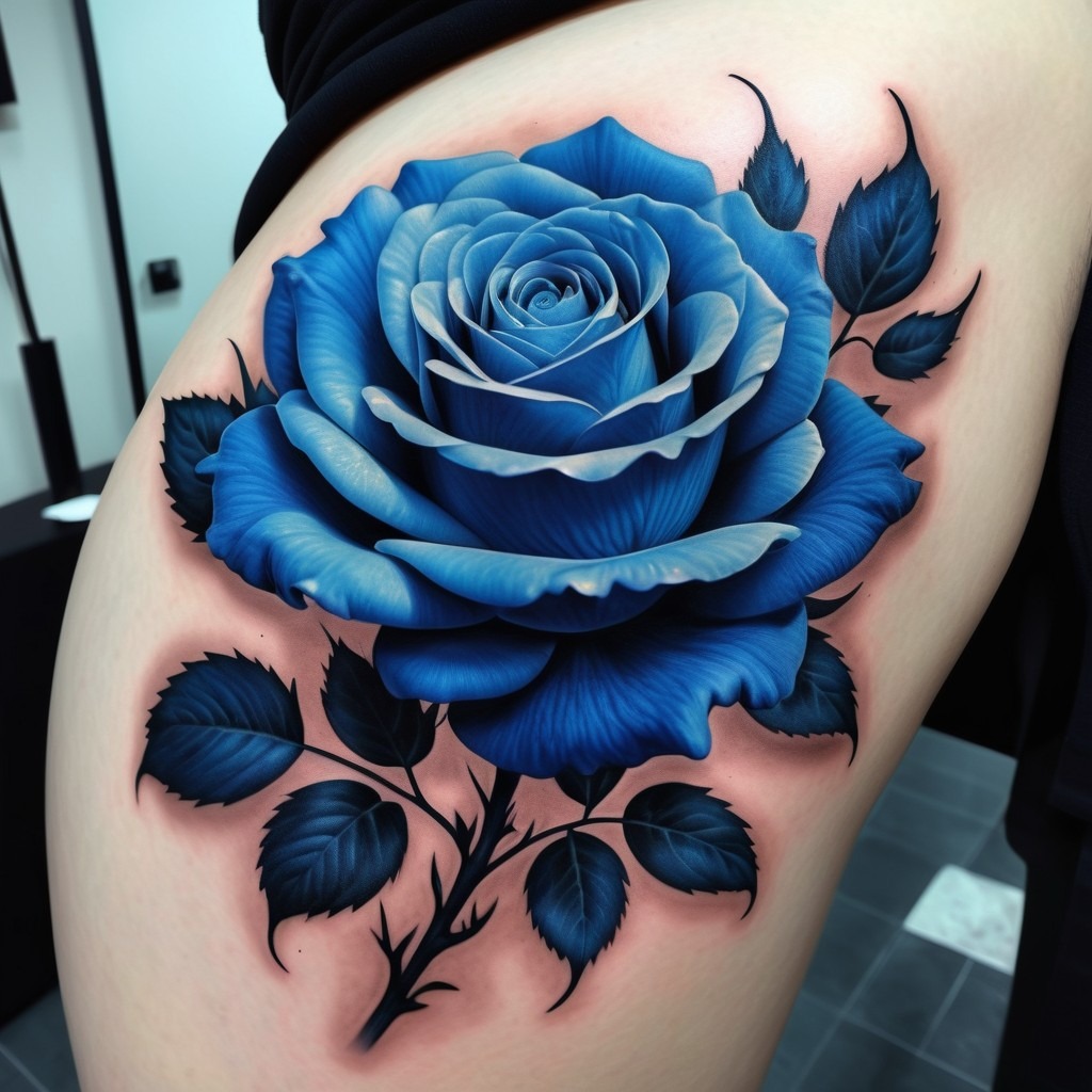 This realistic blue rose tattoo spans across the thigh, making it a bold statement piece.