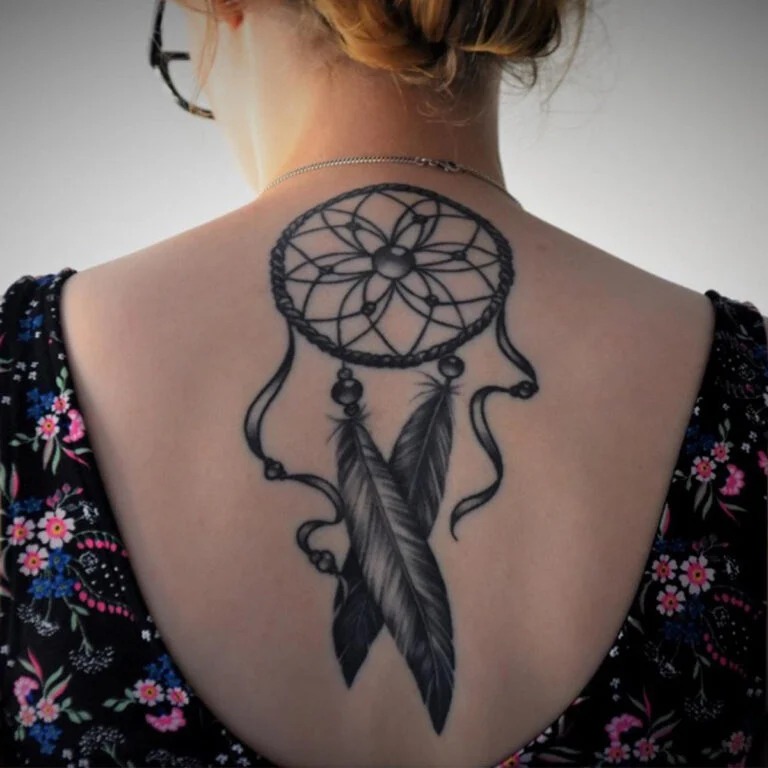 Dreamcatcher Back Tattoo with Feathers Tattoo Design