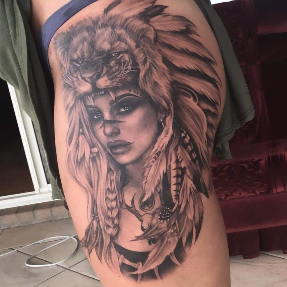 Lion Headdress and Cherokee Woman Tattoo Tattoo Design