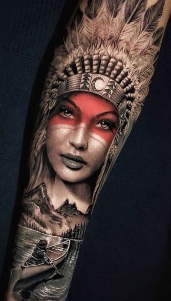 Realistic Cherokee Woman with Mountain Scene Tattoo Tattoo Design