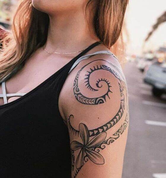 Shoulder Tattoo with Tribal Spiral and Flower Tattoo Design