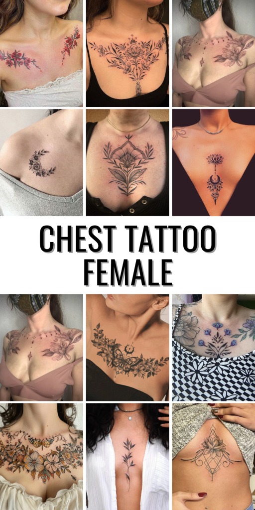 This tattoo features two bold roses on either side of the chest, with a crystal accent in the center, creating a mystical and romantic aesthetic.