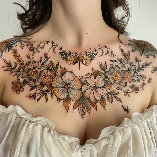 This chest tattoo features a pretty array of flowers and a butterfly centered just below the collarbone.