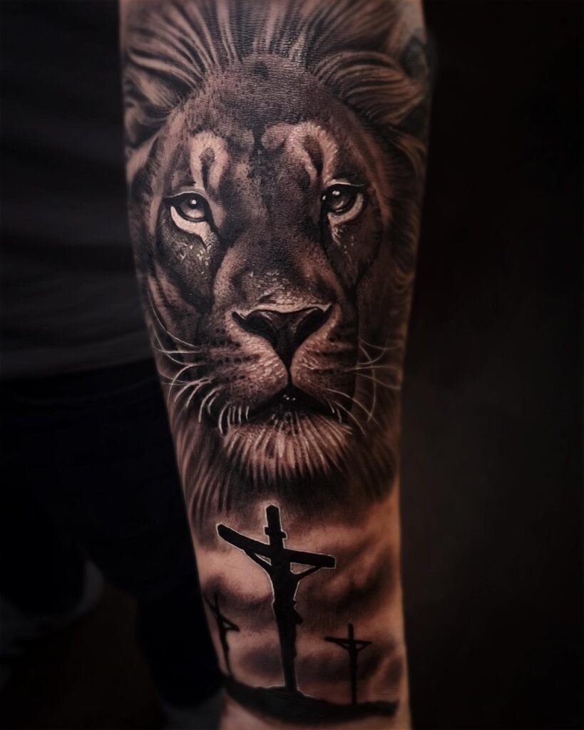 Bold Jesus Christ Portrait Back Tattoo with Abstract Elements Tattoo Design