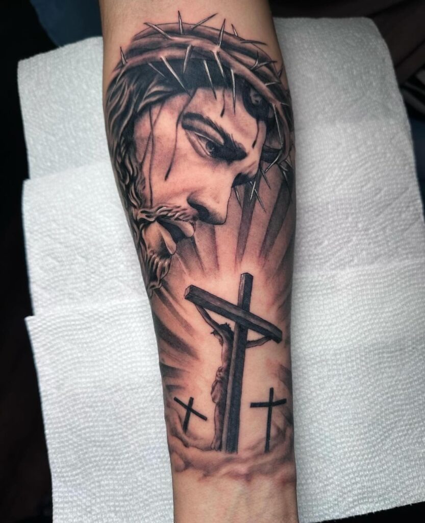Jesus with Crown of Thorns and Rosary Tattoo Tattoo Design