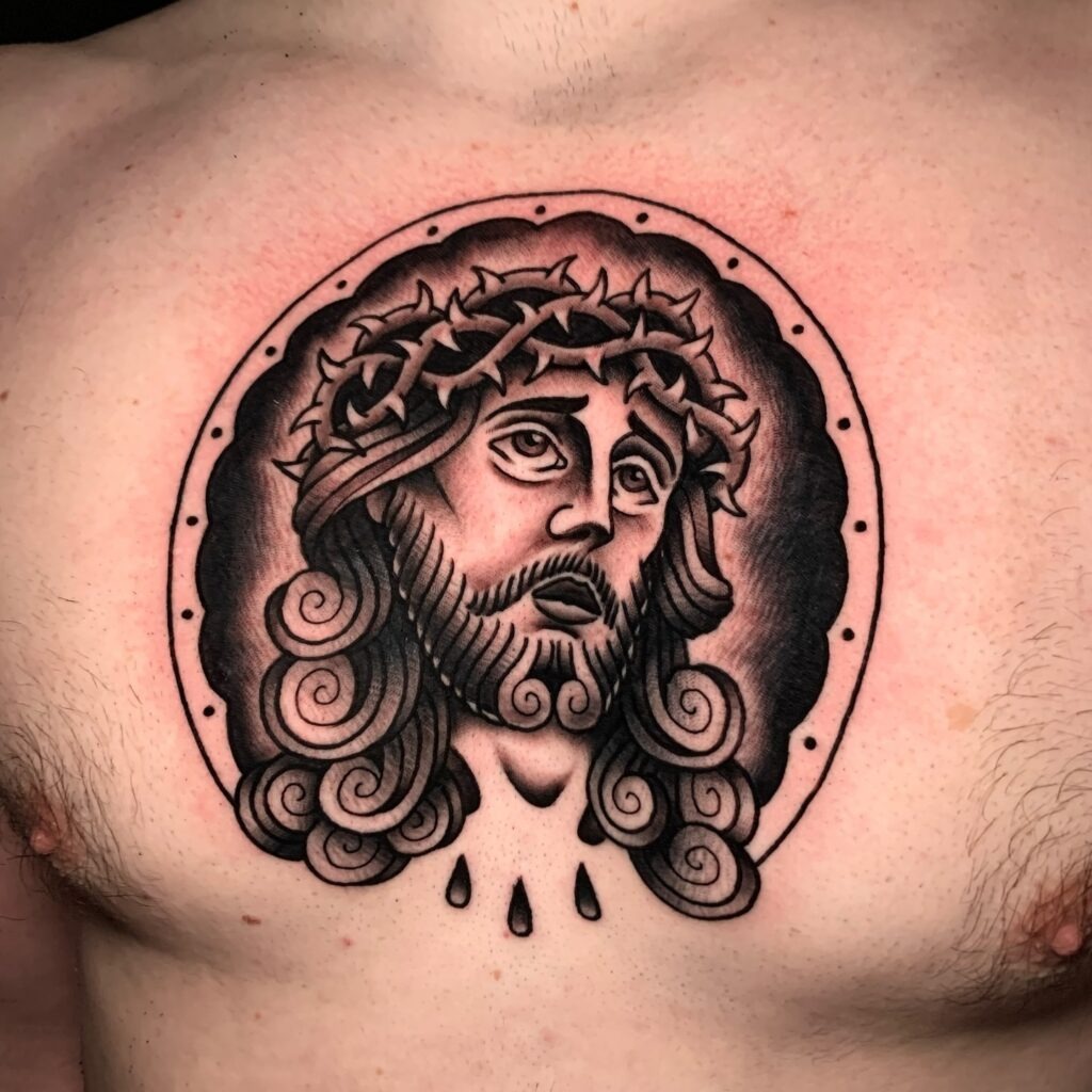 Jesus with Crown of Thorns and Sacred Symbols Tattoo Tattoo Design