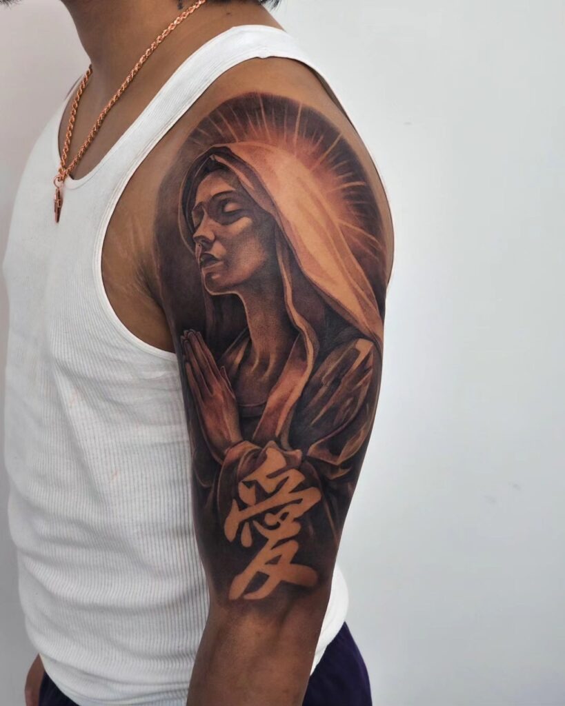 Praying Virgin Mary with Rosary Tattoo Tattoo Design