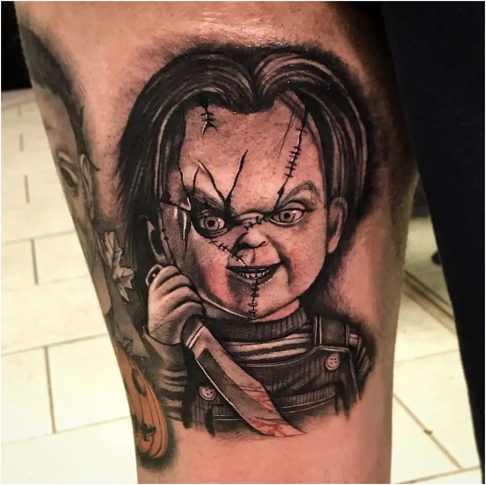 Blackwork Chucky Face Outline Tattoo Design