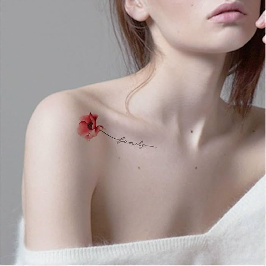 Bold Contrast: Red Floral with Script Tattoo Design